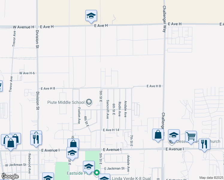 map of restaurants, bars, coffee shops, grocery stores, and more near 45581 6th Street East in Lancaster