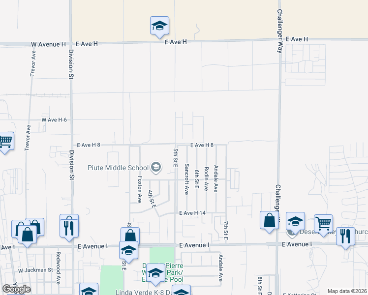 map of restaurants, bars, coffee shops, grocery stores, and more near 45581 Sancroft Avenue in Lancaster