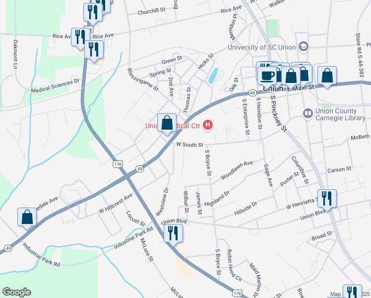 map of restaurants, bars, coffee shops, grocery stores, and more near 501 West South Street in Union