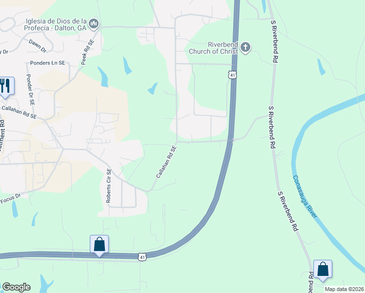 map of restaurants, bars, coffee shops, grocery stores, and more near 1173 Cavender Road Southeast in Dalton