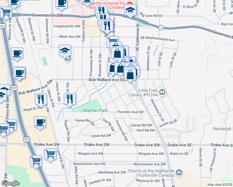 map of restaurants, bars, coffee shops, grocery stores, and more near 2504 Pansy Street Southwest in Huntsville