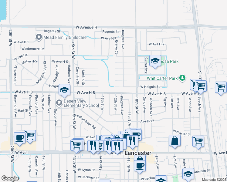 map of restaurants, bars, coffee shops, grocery stores, and more near 1209 West Avenue H 8 in Lancaster