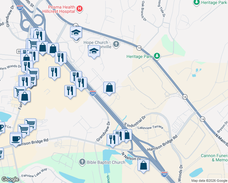 map of restaurants, bars, coffee shops, grocery stores, and more near 3679 South Industrial Drive in Simpsonville