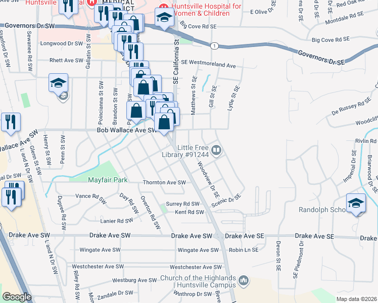 map of restaurants, bars, coffee shops, grocery stores, and more near 2416 Woodview Drive Southeast in Huntsville