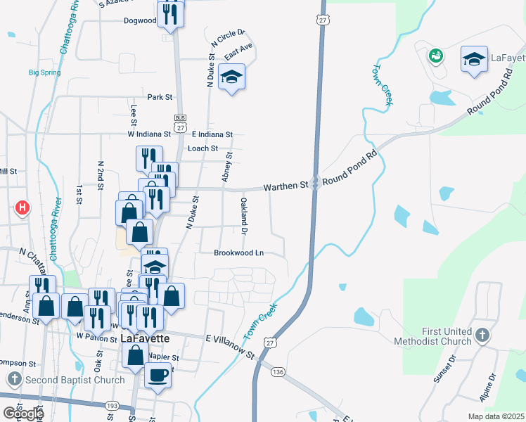 map of restaurants, bars, coffee shops, grocery stores, and more near 402 Warthen Street in LaFayette