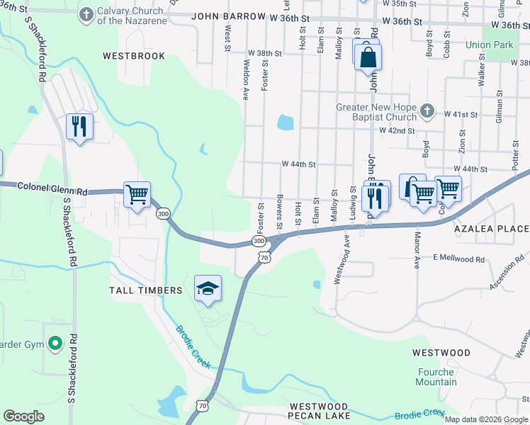 map of restaurants, bars, coffee shops, grocery stores, and more near 4602 Bowers Street in Little Rock