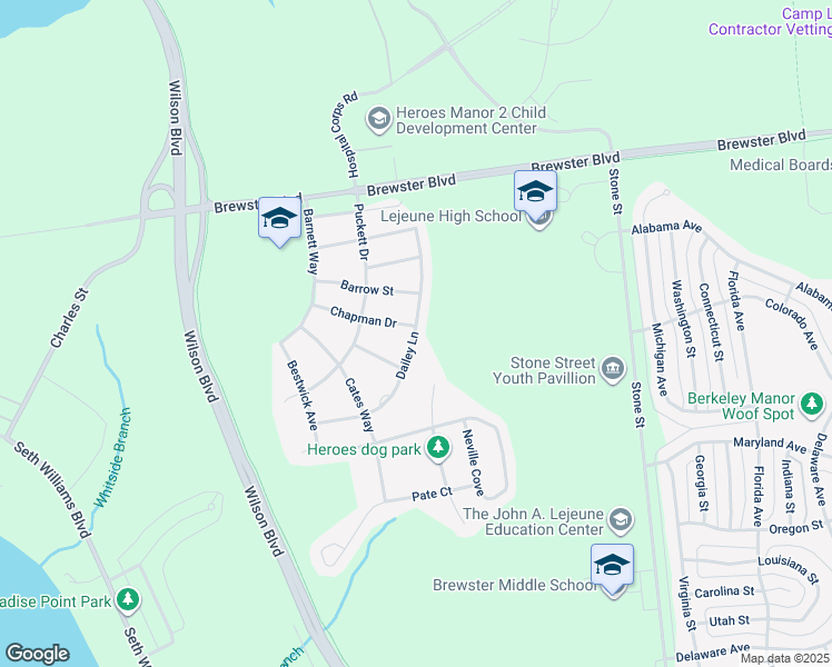 map of restaurants, bars, coffee shops, grocery stores, and more near Chapman Drive in Camp Lejeune