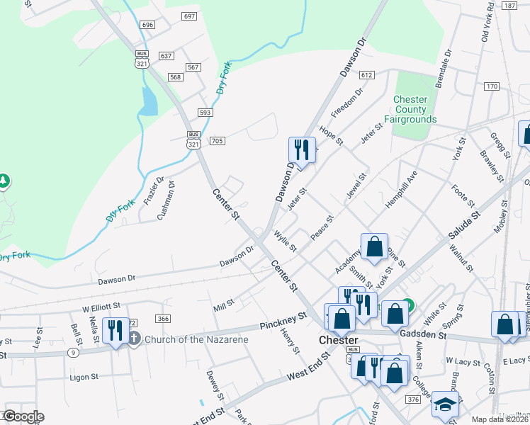 map of restaurants, bars, coffee shops, grocery stores, and more near 2539-2549 J A Cochran Bypass in Chester