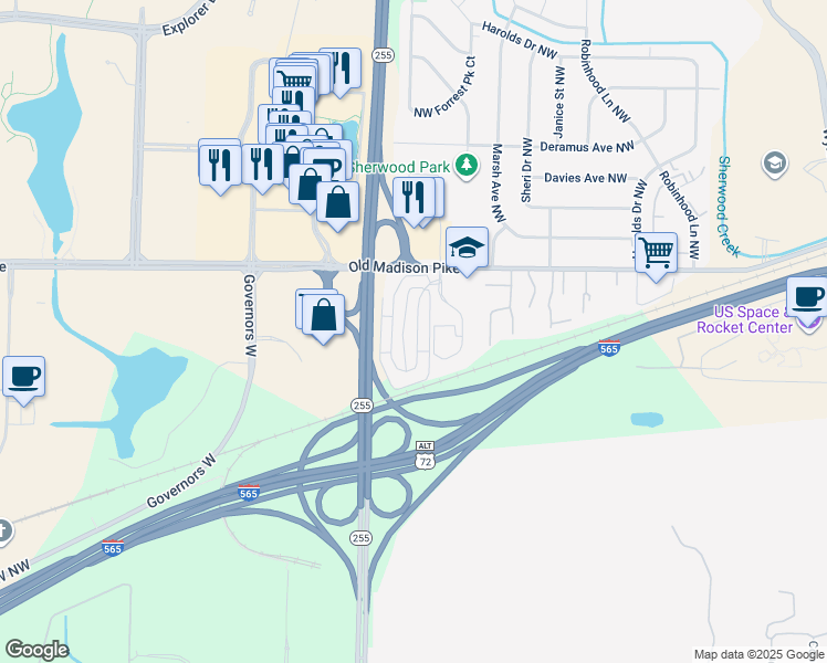 map of restaurants, bars, coffee shops, grocery stores, and more near 6659 Steeplechase Drive Northwest in Huntsville