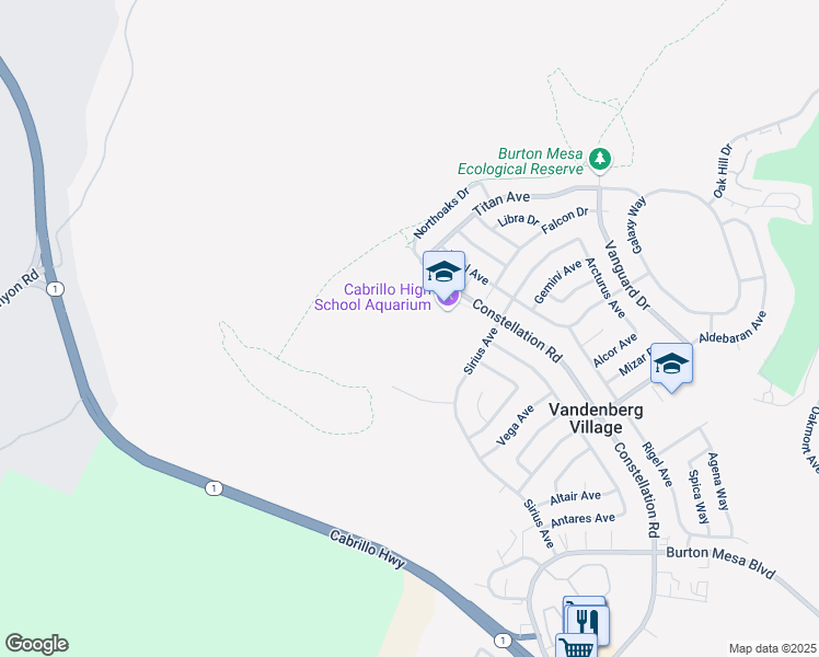 map of restaurants, bars, coffee shops, grocery stores, and more near 4350 Constellation Road in Lompoc
