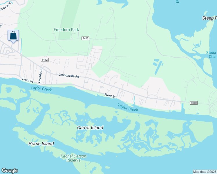 map of restaurants, bars, coffee shops, grocery stores, and more near 2411 Front Street in Beaufort