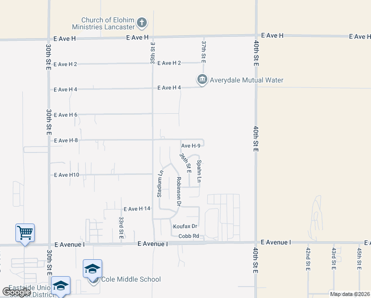map of restaurants, bars, coffee shops, grocery stores, and more near 3627 Avenue H-9 in Lancaster