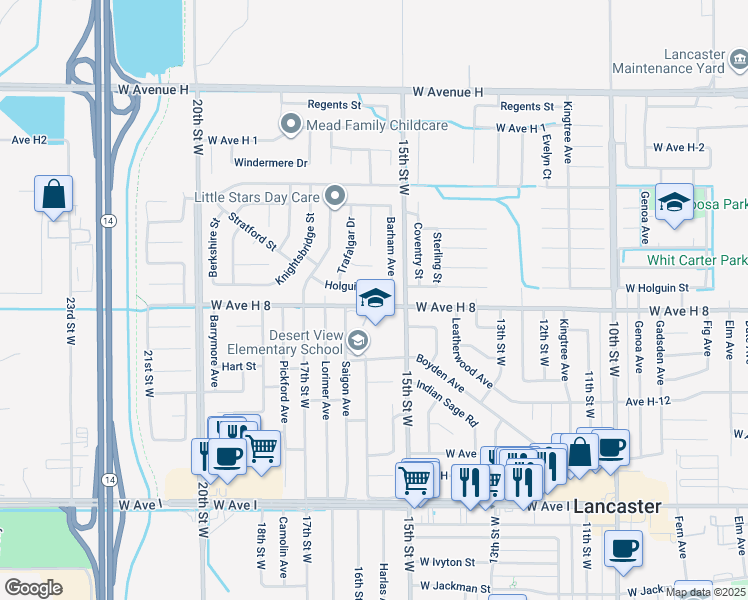 map of restaurants, bars, coffee shops, grocery stores, and more near 1539 West Avenue H 8 in Lancaster
