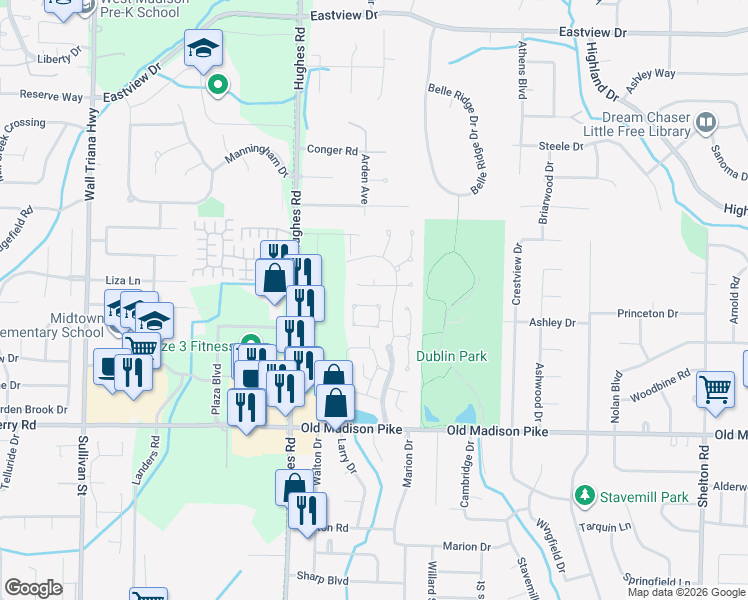 map of restaurants, bars, coffee shops, grocery stores, and more near 130 Stone Meadow Lane in Madison