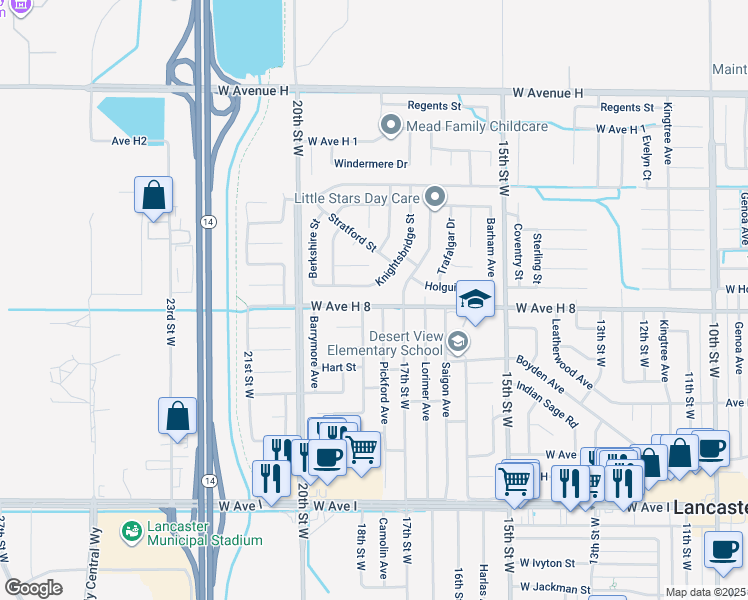 map of restaurants, bars, coffee shops, grocery stores, and more near 1737 West Avenue H 8 in Lancaster