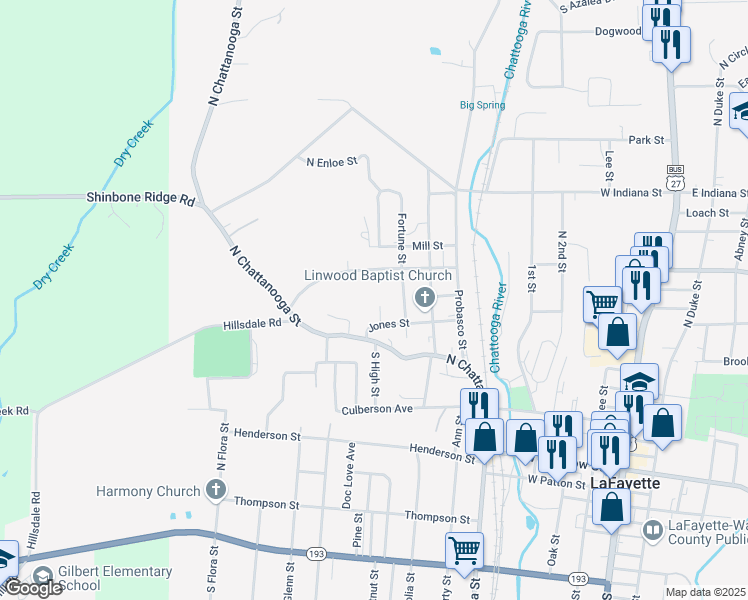 map of restaurants, bars, coffee shops, grocery stores, and more near 10 North High Street in LaFayette