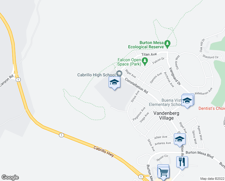 map of restaurants, bars, coffee shops, grocery stores, and more near 4350 Constellation Road in Lompoc