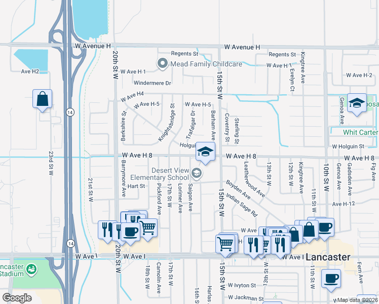 map of restaurants, bars, coffee shops, grocery stores, and more near 1575 West Avenue H 8 in Lancaster