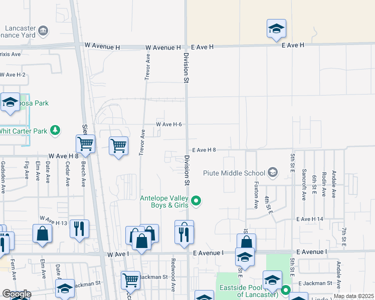 map of restaurants, bars, coffee shops, grocery stores, and more near 2 East Avenue H 8 in Lancaster