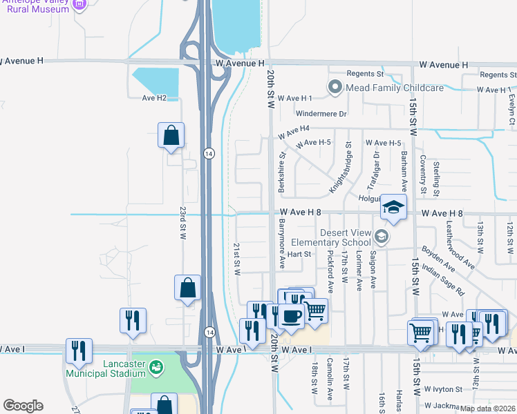 map of restaurants, bars, coffee shops, grocery stores, and more near West Avenue H 8 in Del Sur