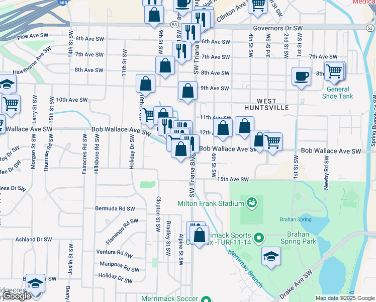 map of restaurants, bars, coffee shops, grocery stores, and more near 2800 Triana Boulevard Southwest in Huntsville