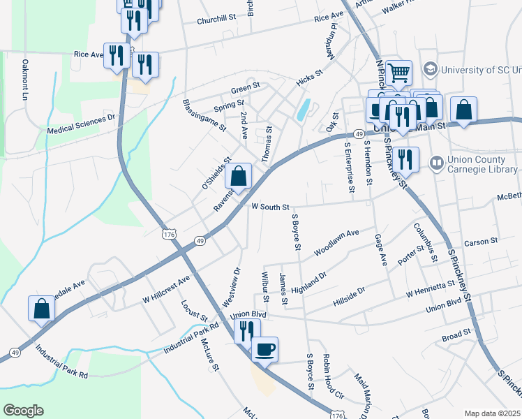 map of restaurants, bars, coffee shops, grocery stores, and more near 501 West South Street in Union
