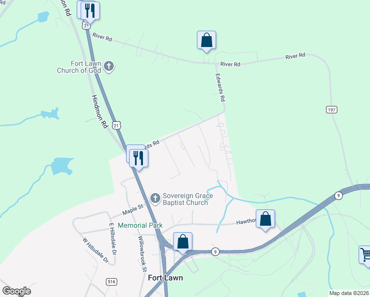 map of restaurants, bars, coffee shops, grocery stores, and more near Carabrook Road in Fort Lawn