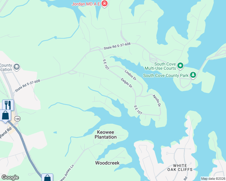 map of restaurants, bars, coffee shops, grocery stores, and more near 203 Indian Trail Road in Seneca