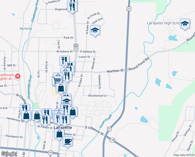 map of restaurants, bars, coffee shops, grocery stores, and more near 403 Oakland Drive in LaFayette