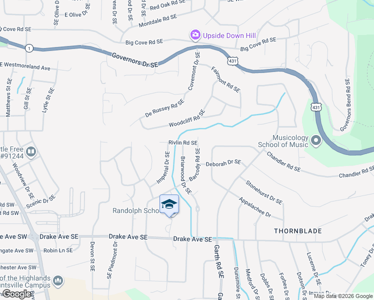 map of restaurants, bars, coffee shops, grocery stores, and more near 2703 Briarwood Drive Southeast in Huntsville
