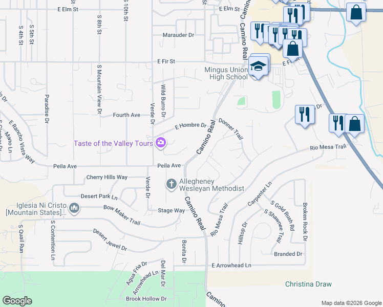 map of restaurants, bars, coffee shops, grocery stores, and more near 1467 East Sunset Circle in Cottonwood