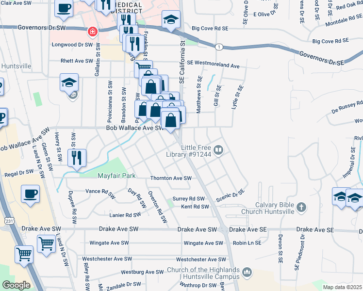 map of restaurants, bars, coffee shops, grocery stores, and more near 2400 Whitesburg Drive in Huntsville