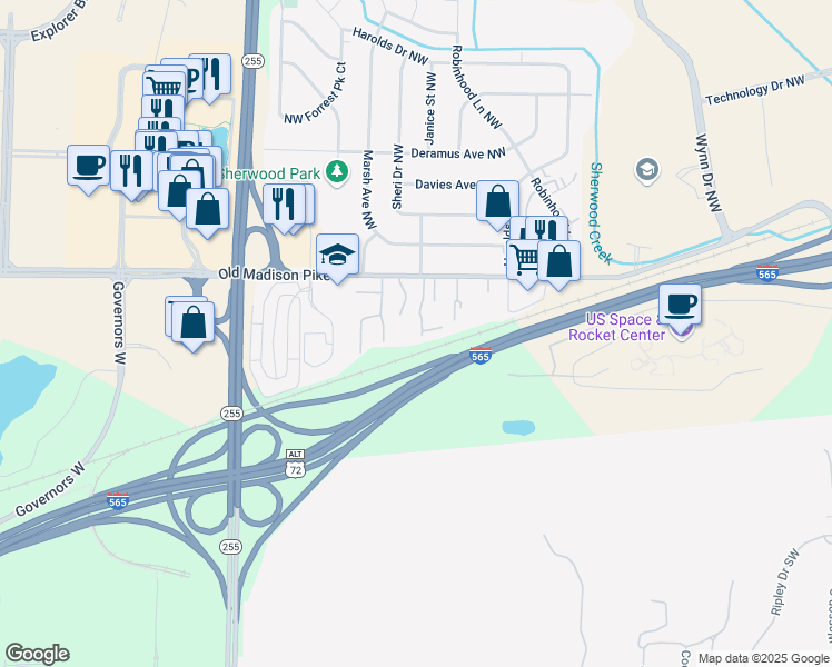 map of restaurants, bars, coffee shops, grocery stores, and more near 6405 Old Madison Pike in Huntsville