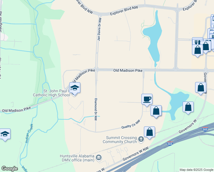 map of restaurants, bars, coffee shops, grocery stores, and more near 400 Diamond Dr NW in Huntsville