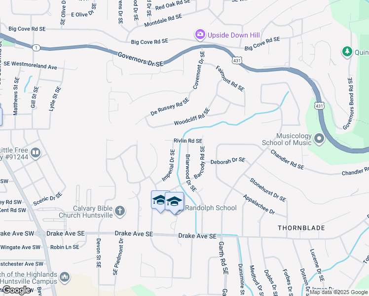 map of restaurants, bars, coffee shops, grocery stores, and more near 2702 Briarwood Drive Southeast in Huntsville