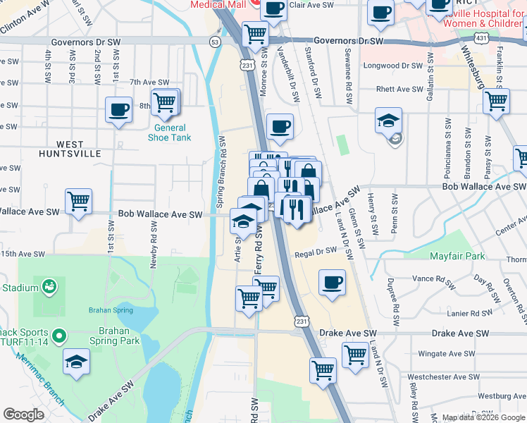 map of restaurants, bars, coffee shops, grocery stores, and more near 2519 Memorial Parkway Southwest in Huntsville