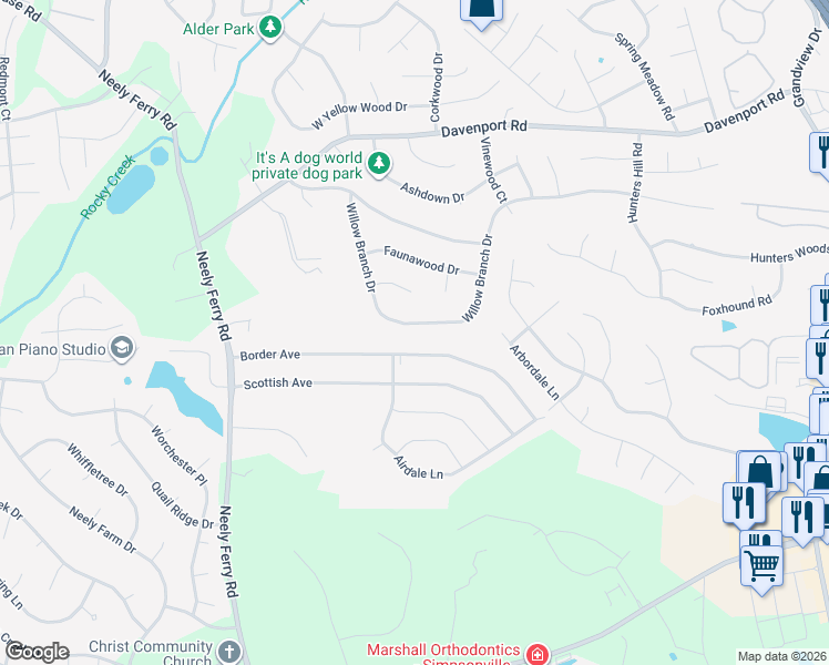 map of restaurants, bars, coffee shops, grocery stores, and more near 408 Willow Branch Drive in Simpsonville