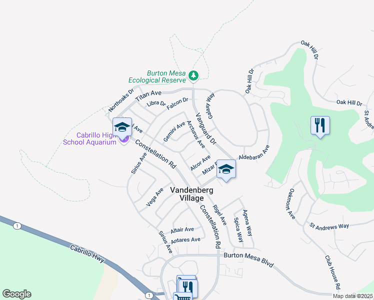 map of restaurants, bars, coffee shops, grocery stores, and more near 156 Auriga Avenue in Lompoc