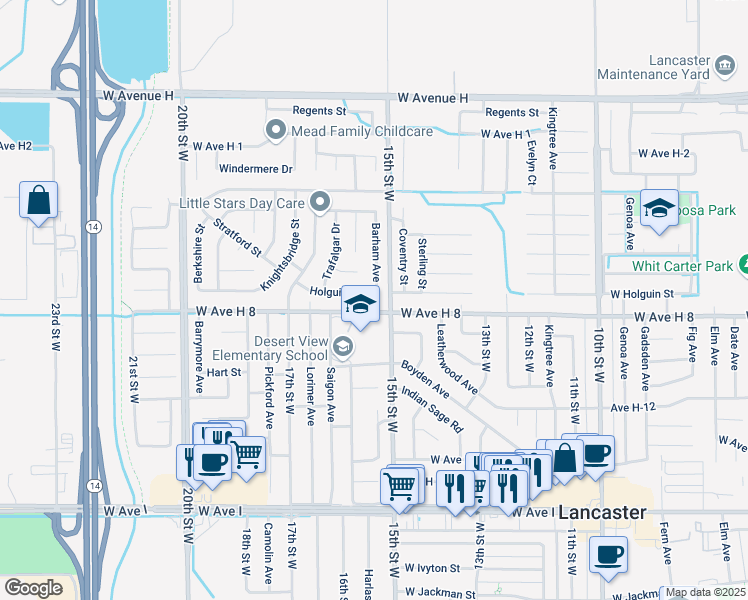 map of restaurants, bars, coffee shops, grocery stores, and more near 1520 Holguin Street in Lancaster