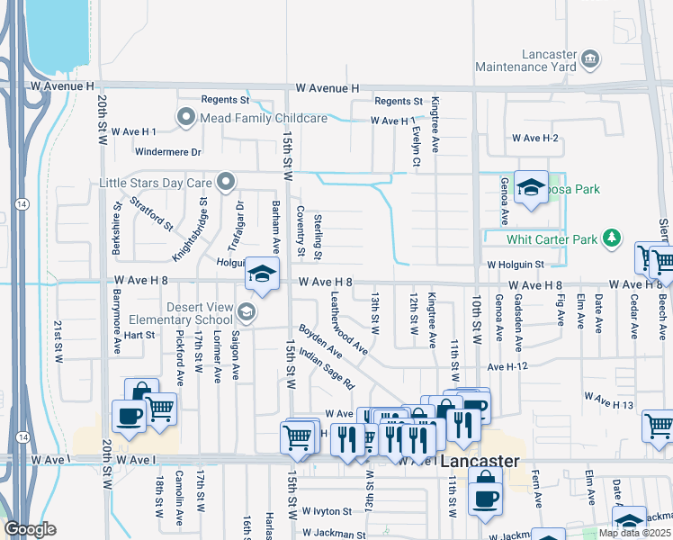 map of restaurants, bars, coffee shops, grocery stores, and more near 1260 Holguin Street in Lancaster