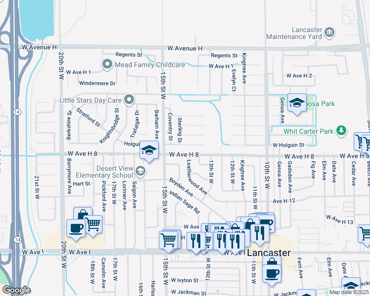 map of restaurants, bars, coffee shops, grocery stores, and more near 1260 Holguin Street in Lancaster