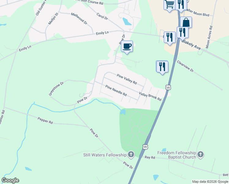 map of restaurants, bars, coffee shops, grocery stores, and more near 107 Pine Needle Road in Piedmont