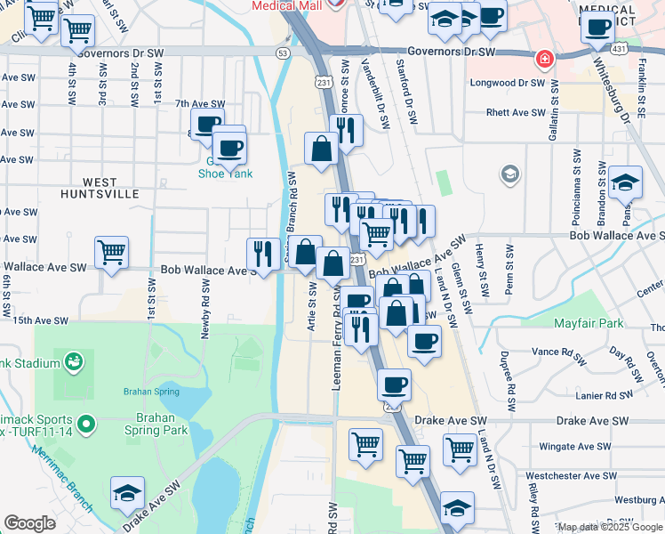 map of restaurants, bars, coffee shops, grocery stores, and more near 2010 Bob Wallace Avenue Southwest in Huntsville