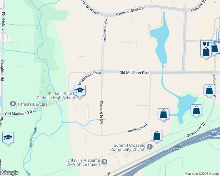 map of restaurants, bars, coffee shops, grocery stores, and more near 400 Diamond Drive Northwest in Huntsville