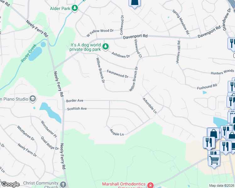 map of restaurants, bars, coffee shops, grocery stores, and more near 408 Willow Branch Drive in Simpsonville