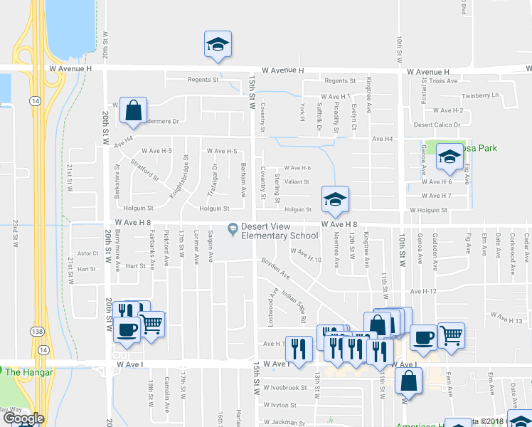 map of restaurants, bars, coffee shops, grocery stores, and more near 1344 Holguin Street in Lancaster