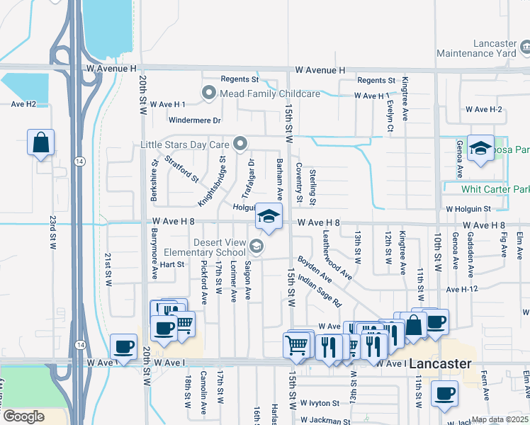 map of restaurants, bars, coffee shops, grocery stores, and more near 1520 Holguin Street in Lancaster