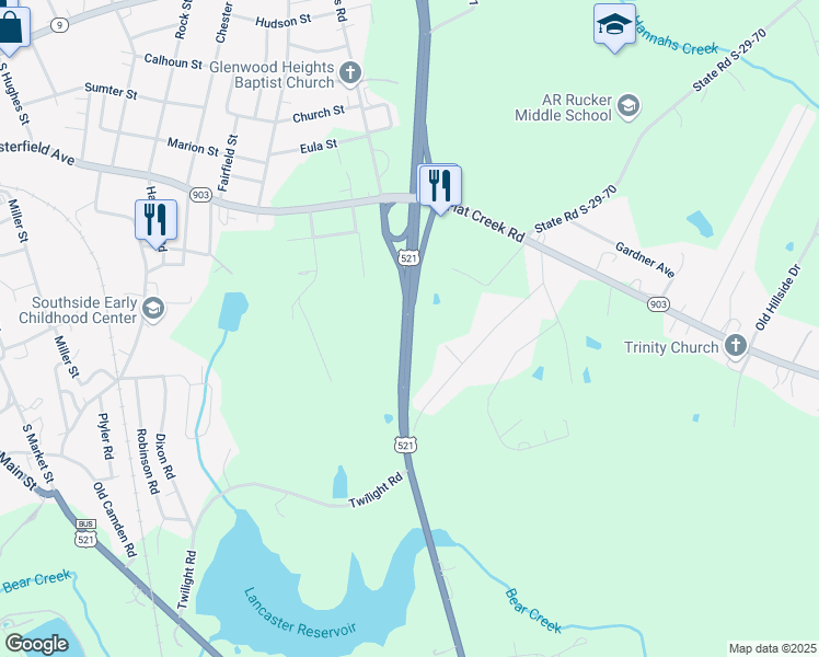 map of restaurants, bars, coffee shops, grocery stores, and more near 1702-1848 Lancaster Bypass E in Lancaster