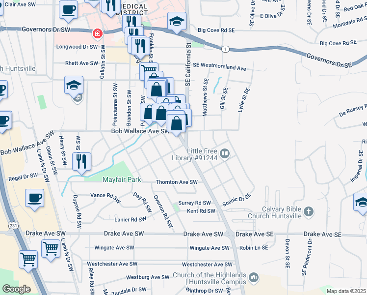 map of restaurants, bars, coffee shops, grocery stores, and more near 2400 Whitesburg Drive in Huntsville