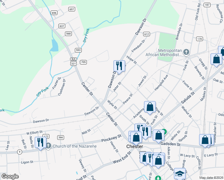 map of restaurants, bars, coffee shops, grocery stores, and more near 124 Jeter Street in Chester
